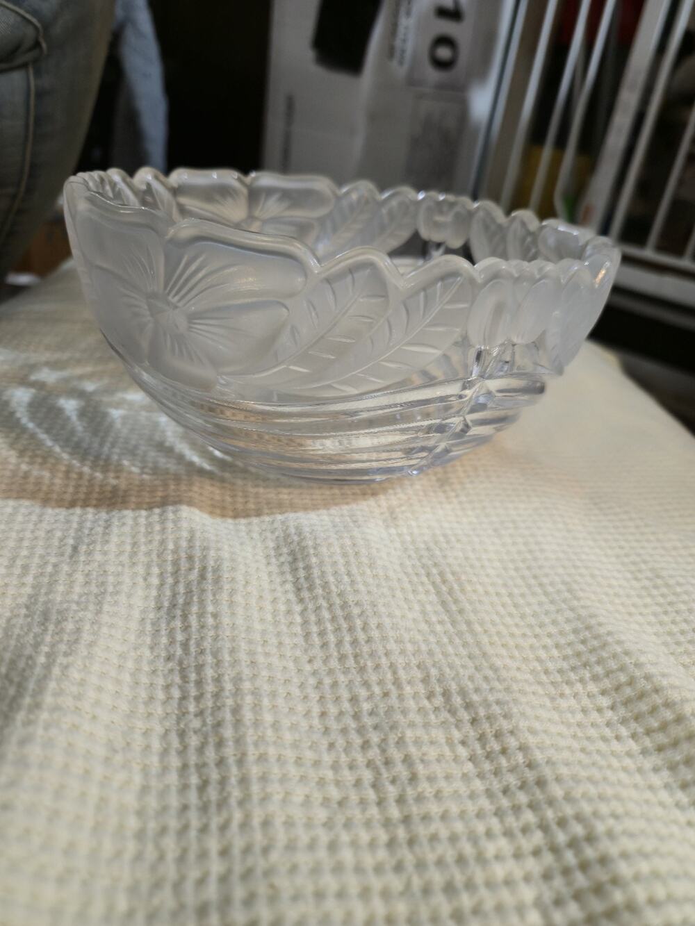 Vintage Frosted Pressed Glass Floral Bowl Scalloped Rim Belvedere Style